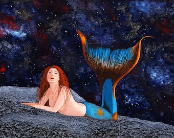 Surrealist Painting / Galaxy Mermaid / Mermaid / Mixed Media / Mixed Media Painting / Original / Surreal / Galaxy / Christmas