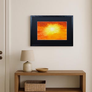 Lever de soleil 3 – Aquarelle originale avec lever de soleil, encadrée avec passe-partout, tons rouge vif et jaune, peinte à la main, unique