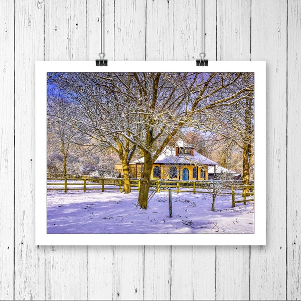 The Round House, Ixworth Winter Snow Scene Print Winterscape Home Decor, Suffolk Landscapes Poster Art English Countryside