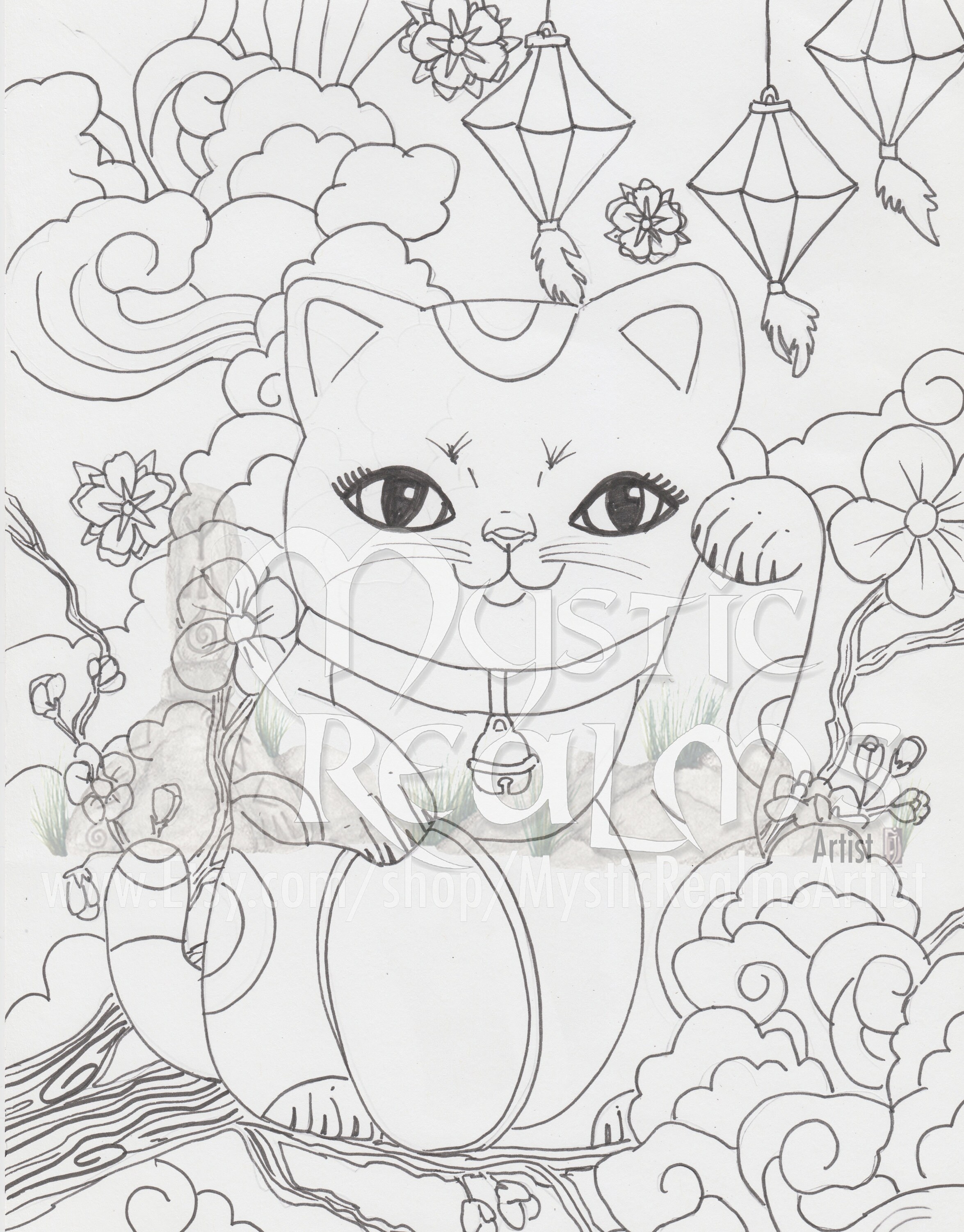 Lucky Cat Maneki-neko Coloring Page Cat Art Tabby Cat Diy | Etsy