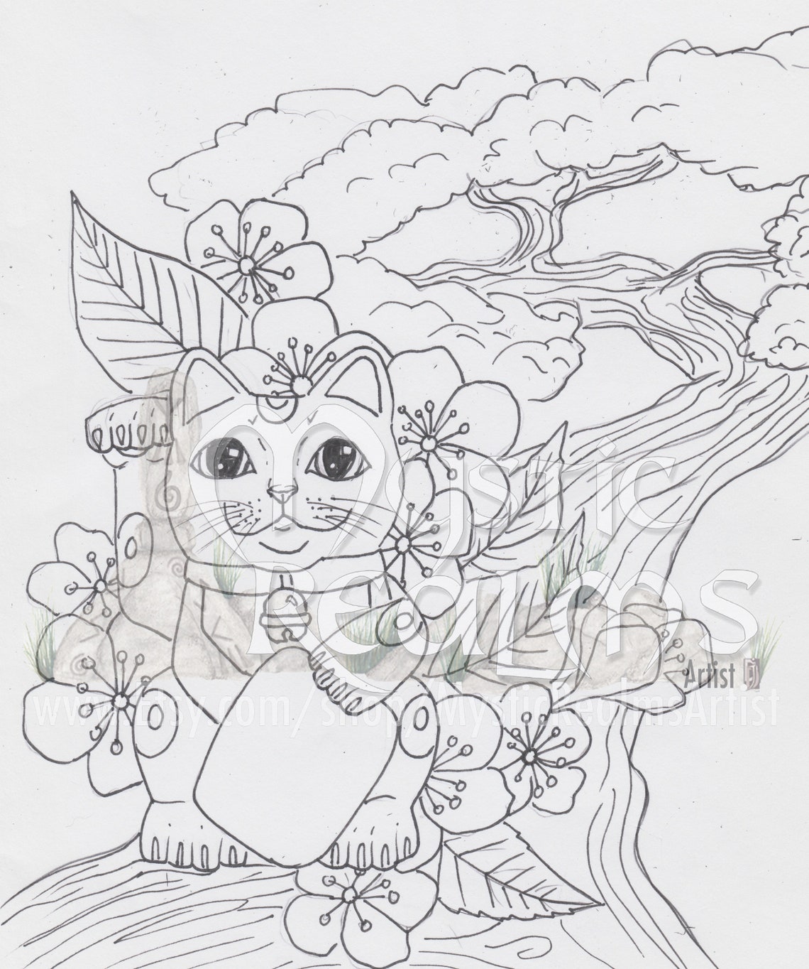 Lucky Cat Maneki-neko Cat Coloring Page Cat Art Tabby | Etsy