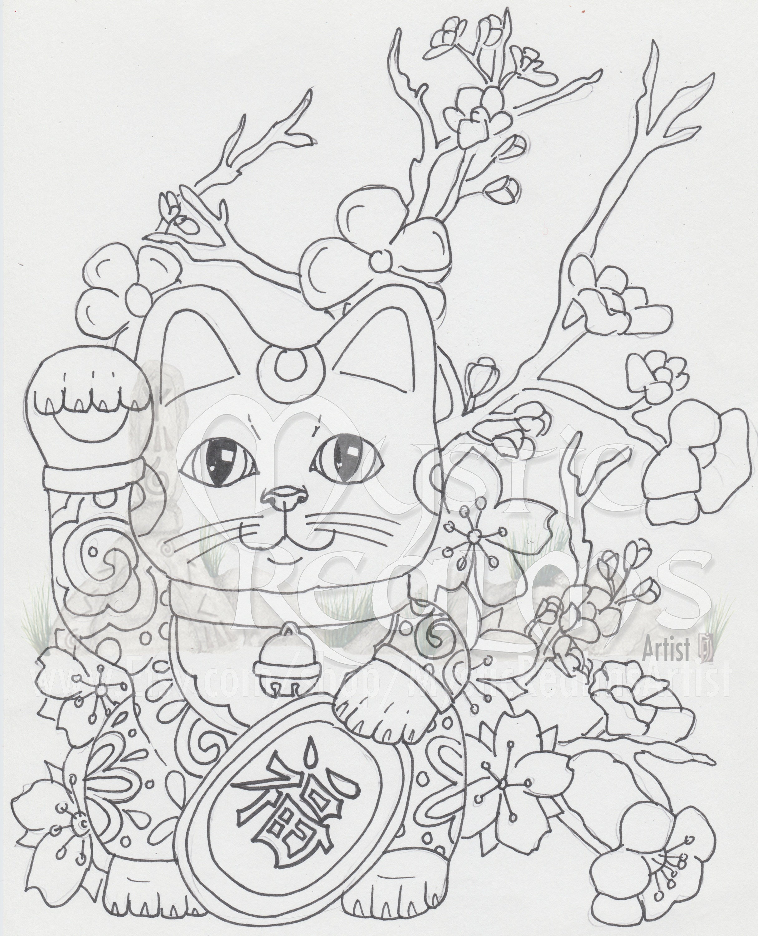 Lucky Cat Maneki-neko Coloring Page Cat Art Tabby Cat Diy | Etsy