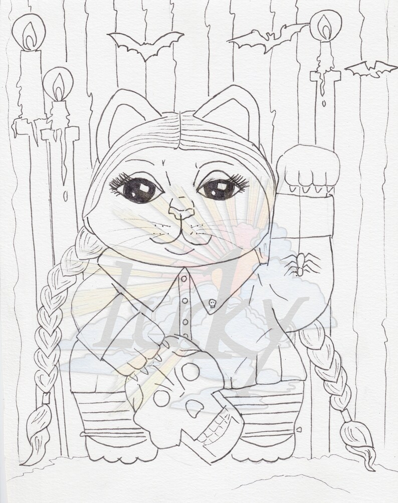 Wednesday lucky cat Maneki-Neko coloring page Gothic | Etsy