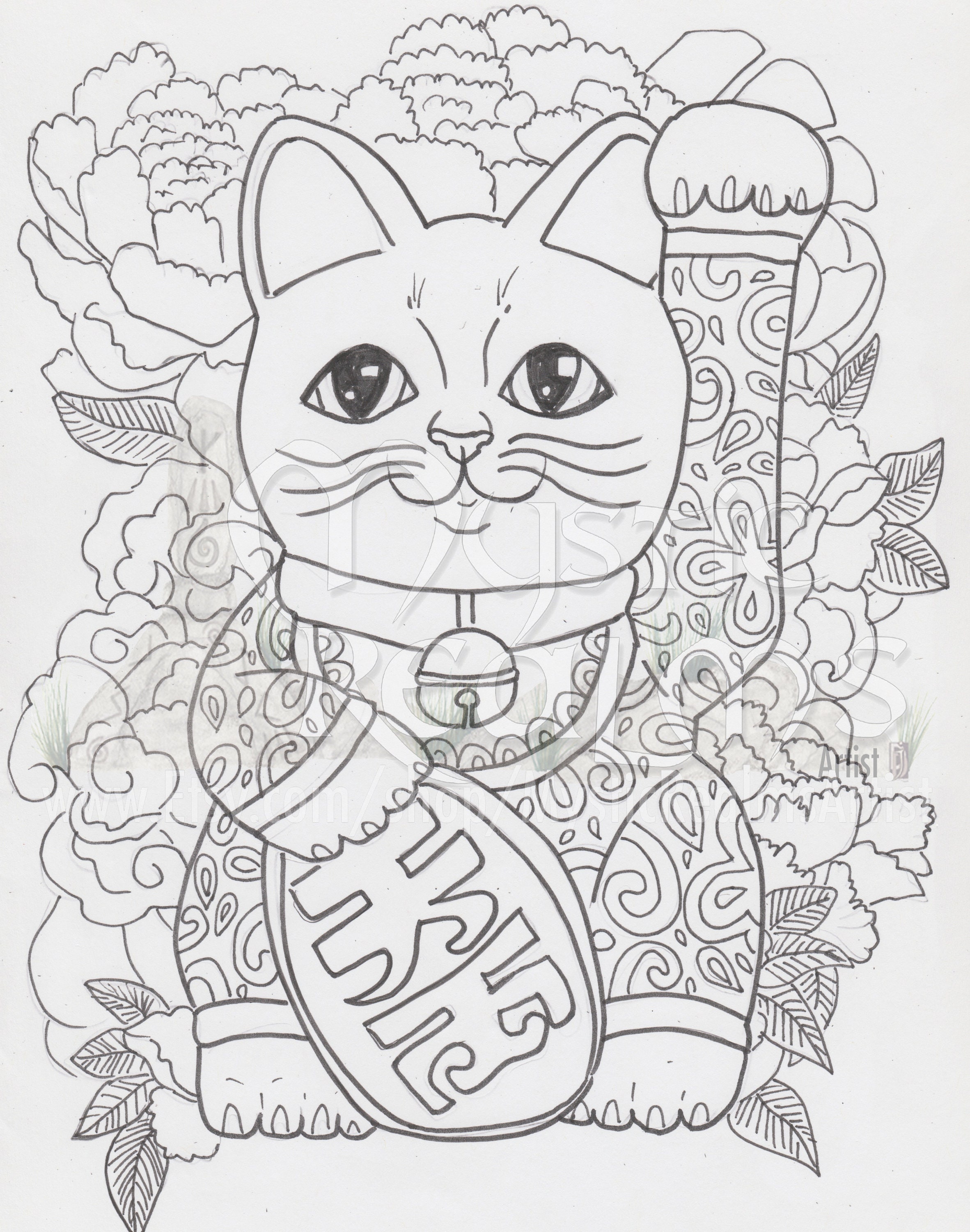 Lucky cat Maneki-Neko cat coloring page cat art tabby | Etsy