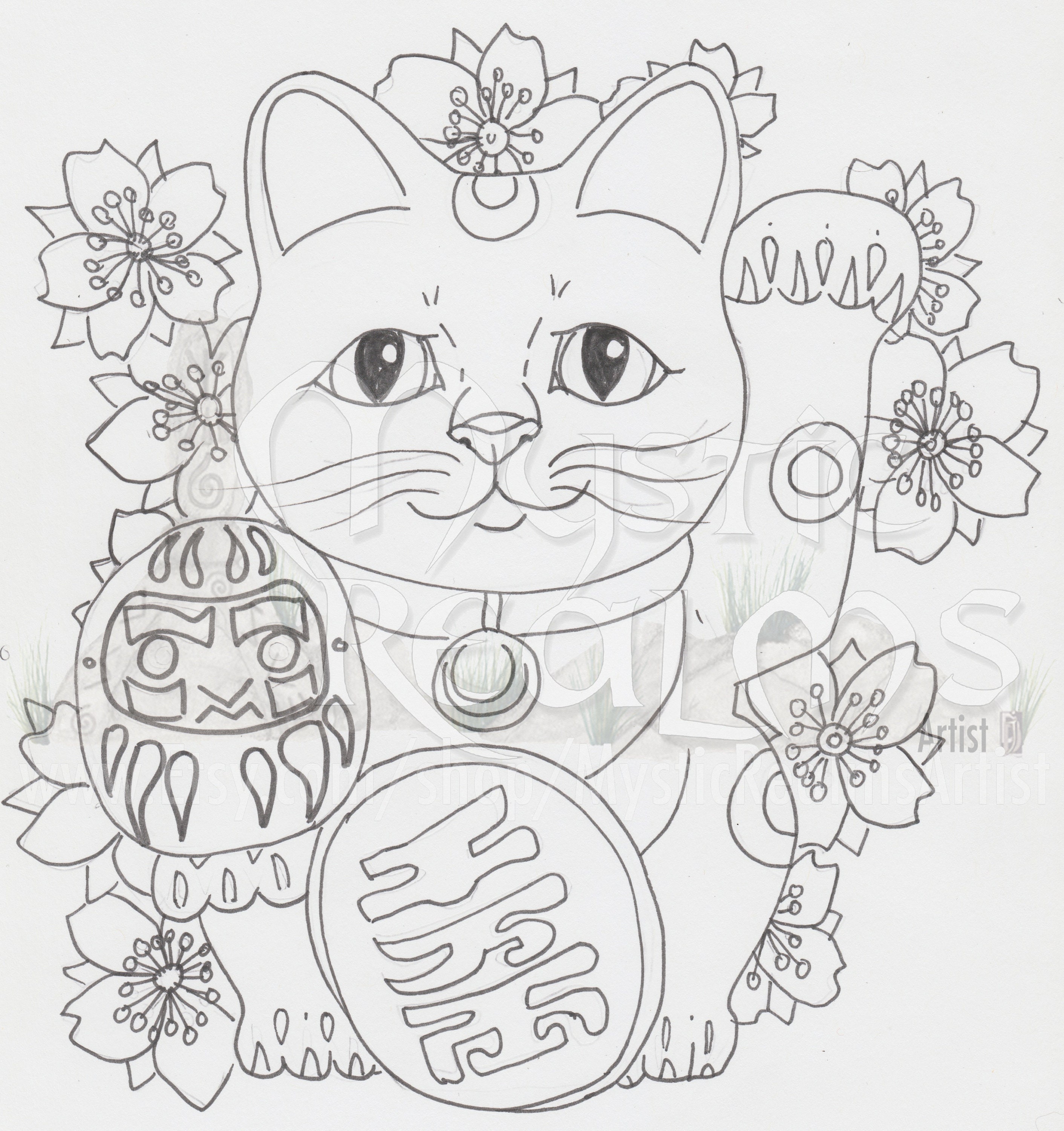 Lucky Cat Maneki-neko Cat Coloring Page Cat Art Tabby | Etsy