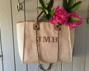 Personalised luxury chain tote bag, embroidered monogram canvas bag, beach bag, airport bag, bride gift, birthday gift for her