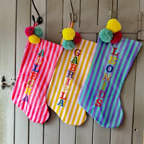 Luxury personalised stripe Christmas stocking with pom poms