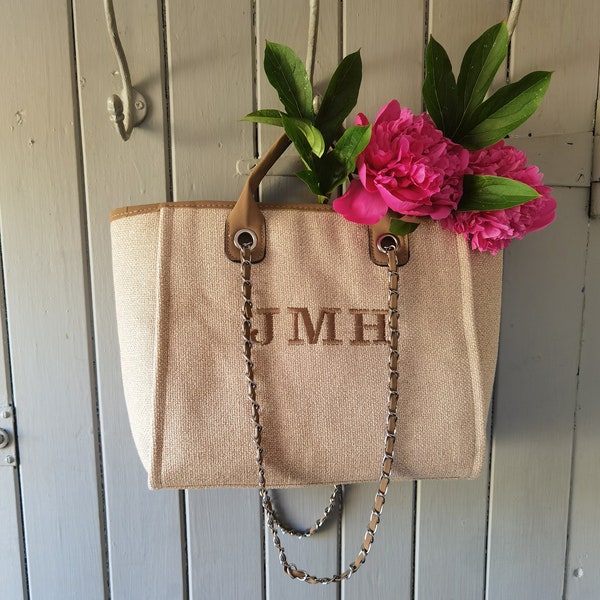 Personalised luxury chain tote bag, embroidered monogram canvas bag, beach bag, airport bag, bride gift, birthday gift for her