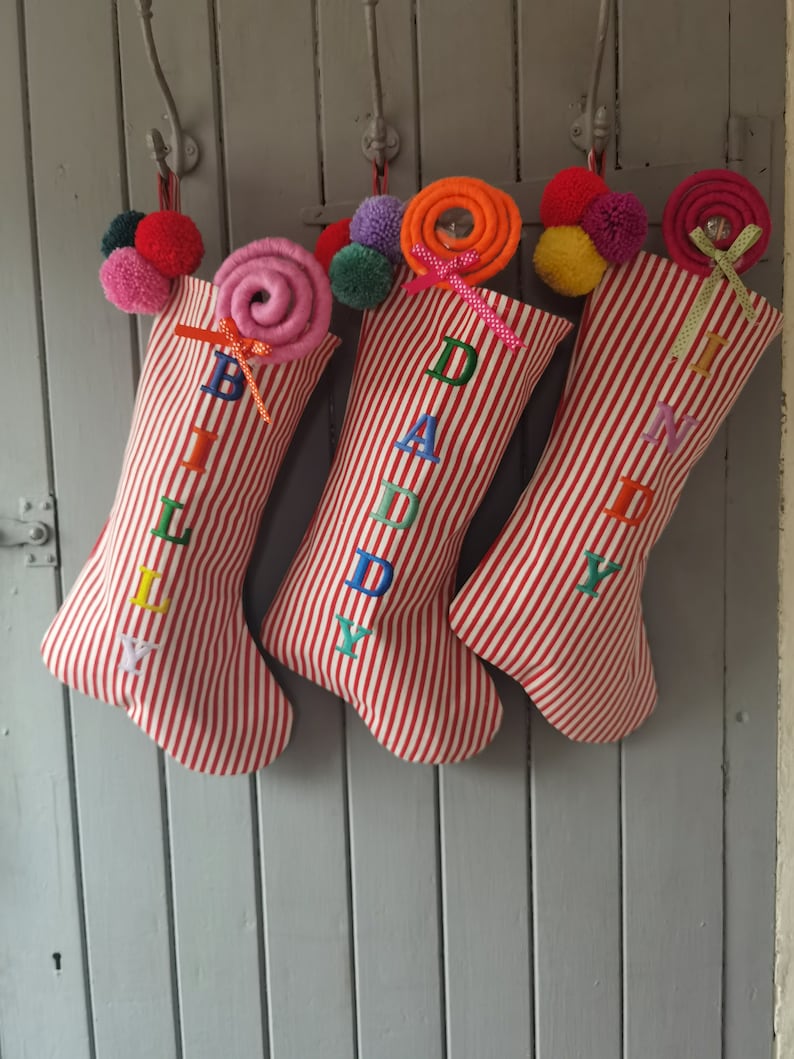 Luxury personalised red stripe Christmas stocking, candy cane stocking, pom pom Xmas stockings, name Christmas stocking, unique stocking image 6