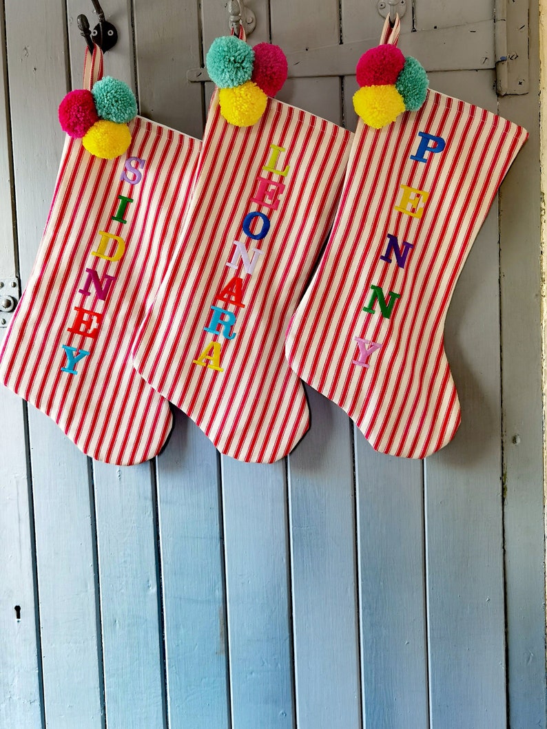 Luxury personalised red stripe Christmas stocking, candy cane stocking, pom pom Xmas stockings, name Christmas stocking, unique stocking image 1