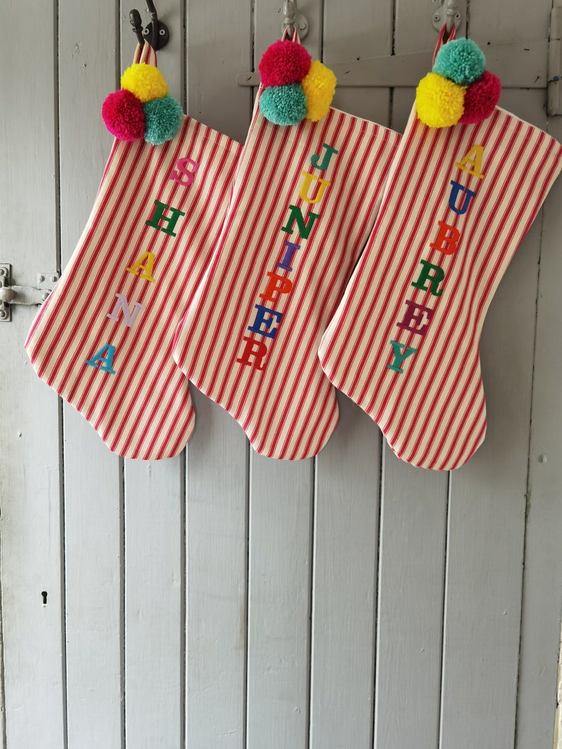 Luxury personalised red stripe Christmas stocking, candy cane stocking, pom pom Xmas stockings, name Christmas stocking, unique stocking image 2