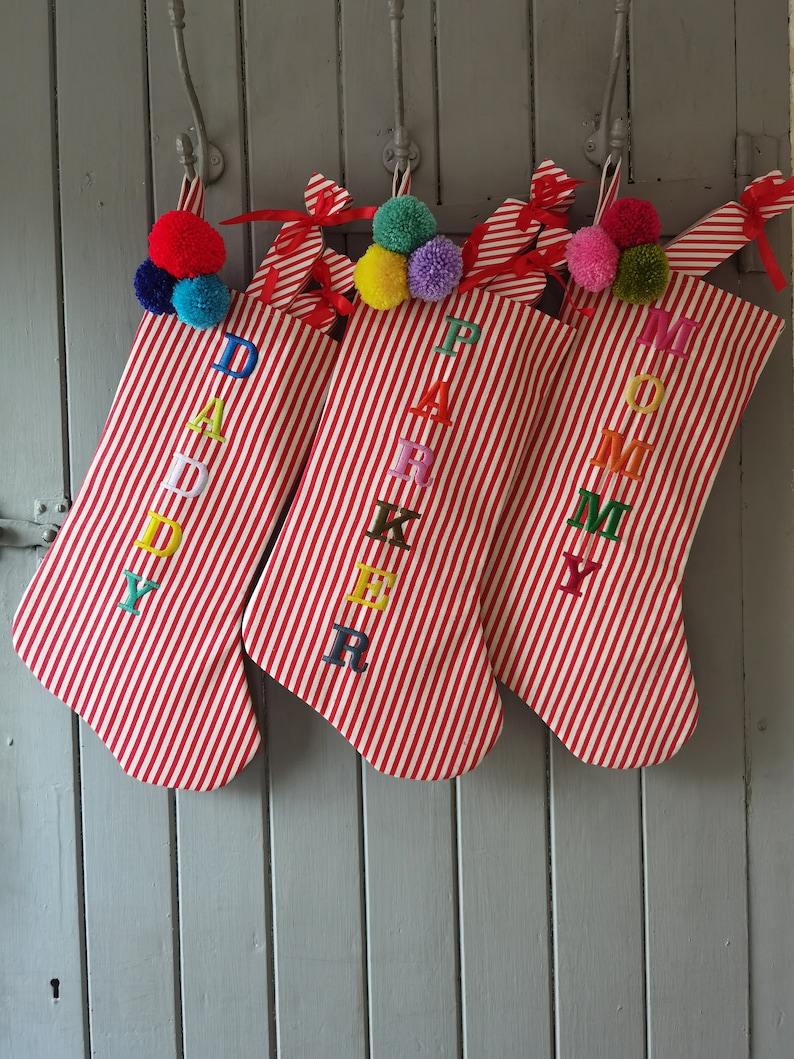 Luxury personalised red stripe Christmas stocking, candy cane stocking, pom pom Xmas stockings, name Christmas stocking, unique stocking image 4