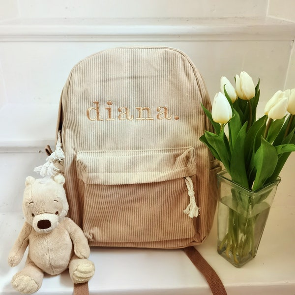 Luxury personalised corduroy backpack, embroidered toddler rucksack, personalised bag, nursery bag, schoolbag