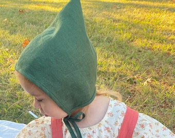 Green Linen Pixie Bonnet, Baby Elf Hat, Gnome Hat, Baby Winter Hat, Sizes Newborn - 24mo