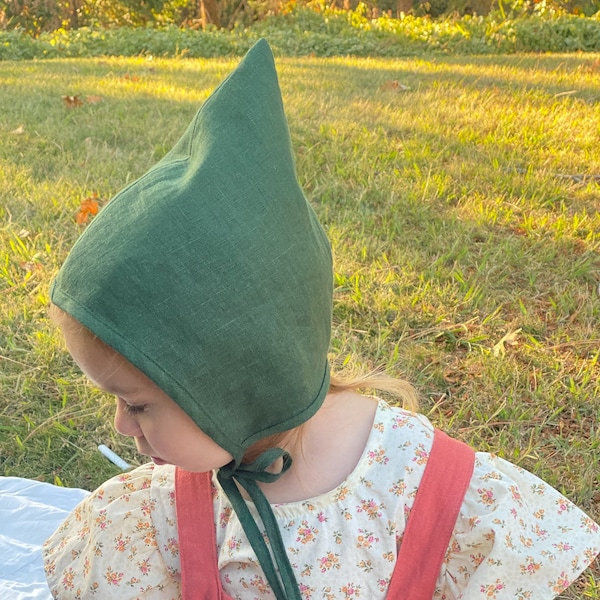 Green Linen Pixie Bonnet, Baby Elf Hat, Gnome Hat, Baby Winter Hat, Sizes Newborn - 24mo