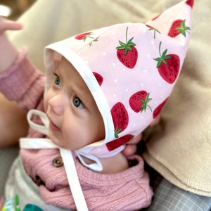 Strawberry Pixie Bonnet Gnome Hat for Baby and Toddler Summer Unique Baby Shower Gift, Whimsical Photo Prop, Sizes Newborn - 24mo