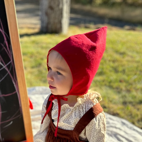 Red Linen Pixie Bonnet, Baby Elf Hat, Gnome Hat, Baby Winter Hat, Sizes Newborn - 24mo