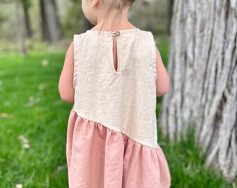 Girl's Sleeveless Summer Dress in Dusty Pink and Beige Linen Blend, Color Block Asymmetrical Design 18Mo-12yrs.