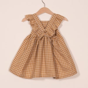 Mustard Gingham Cross Back Ruffle Dress Girls Sundress Spring Summer Easter Dress Sizes 0-3 -5T