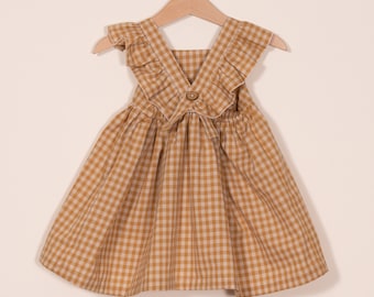 Mustard Gingham Cross Back Ruffle Dress Girls Sundress Spring Summer Easter Dress Sizes 0-3 -5T