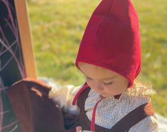 Red Linen Pixie Bonnet, Baby Elf Hat, Gnome Hat, Baby Winter Hat, Sizes Newborn - 24mo