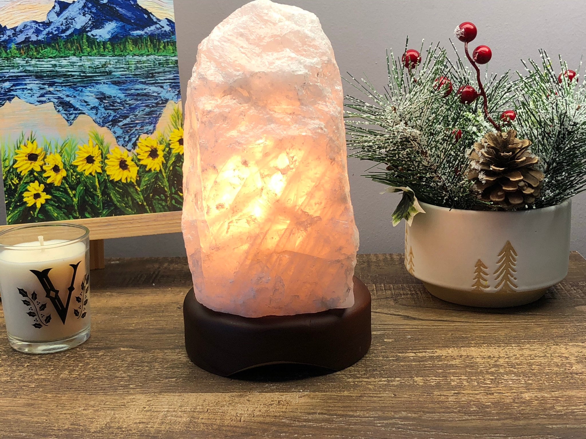 Rose Quartz Crystal Lamp with wood base Pink Quartz Light Etsy