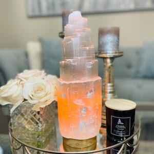 Selenite Lamp,  Table Lamp, Crystal Lamp,  Selenite Crystal Lamp, Selenite, Natural Moroccan Selenite Tower Lamp