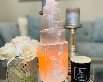 Lámpara de selenita, Lámpara de mesa, Lámpara de cristal, Lámpara de cristal de selenita, Selenita, Lámpara de torre de selenita marroquí natural