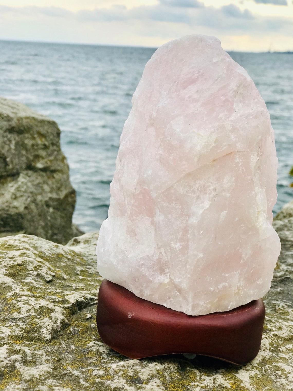 Rose Quartz Crystal Lamp with wood base Pink Quartz Light Etsy