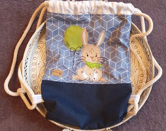 Turnbeutel, Name, Kinderturnbeutel, Rucksack, Hase Henri mit Ballon, 80-104