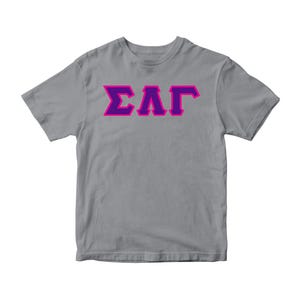 May include: A gray t-shirt with a purple "ΣΛΓ" graphic printed on the front.