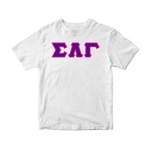 May include: White t-shirt with the Greek letters ΣΑΓ in purple with a magenta outline. The letters are centered on the front of the shirt. The t-shirt is made of a soft, lightweight material.