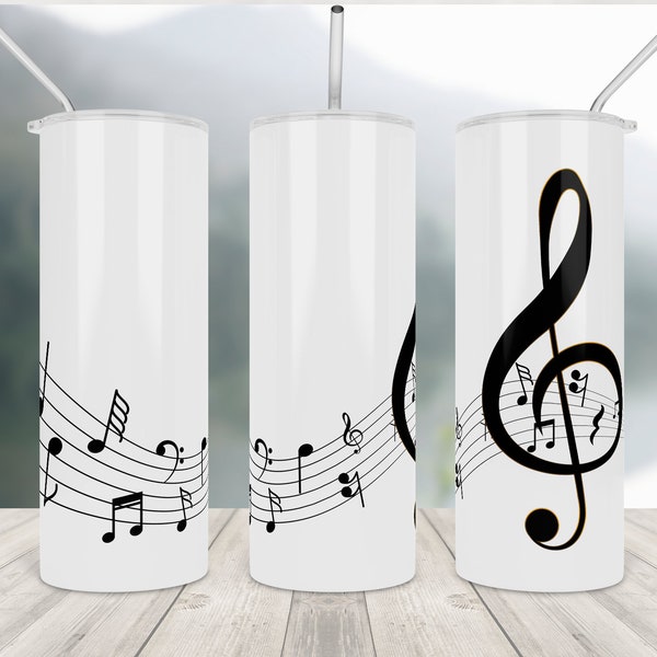 Music Notes Tumbler Png Sublimation Design Wrap Song Piano 20oz skinny tumbler straight Band Treble strains tones chords black minimal gold