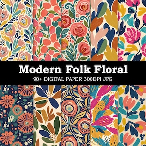 May include: A collection of digital papers featuring colorful floral patterns. The designs include various flowers and foliage in shades of pink, orange, blue, and yellow. The text "Modern Folk Floral" is displayed above the text "90+ DIGITAL PAPER 300DPI JPG".