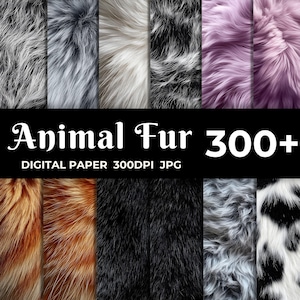 Pacchetto di oltre 300 texture di pelliccia realistiche, sfondi di pelliccia di animali in carta digitale in bianco, nero, marrone, cane, gatto per design artigianale, uso commerciale
