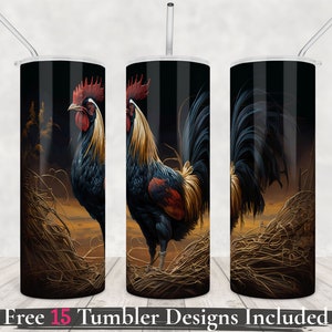 May include: A black and gold tumbler with a rooster design. The rooster is standing in a field of tall grass. The tumbler has a straw lid.