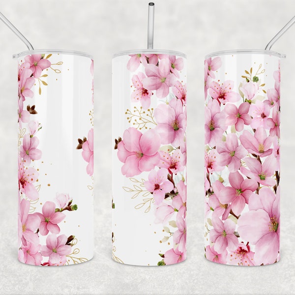 Pink Cherry Blossom Floral Tumbler Wrap Sublimation Designs Downloads Pastel Watercolor flower Skinny Tumbler 20oz Design PNG Commercial Use