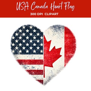 USA Kanada Hjärtflagga Sublimering Clipart, Sjukt Amerikansk Kanadensisk Flagga Grafik, Patriotisk Hjärtdesign, Kommersiellt Bruk, DIY Utskrivbara Material