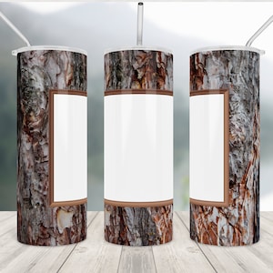 May include: Three stainless steel tumblers with a wood grain design and a white rectangular space for personalization. The tumblers have clear lids and straws.