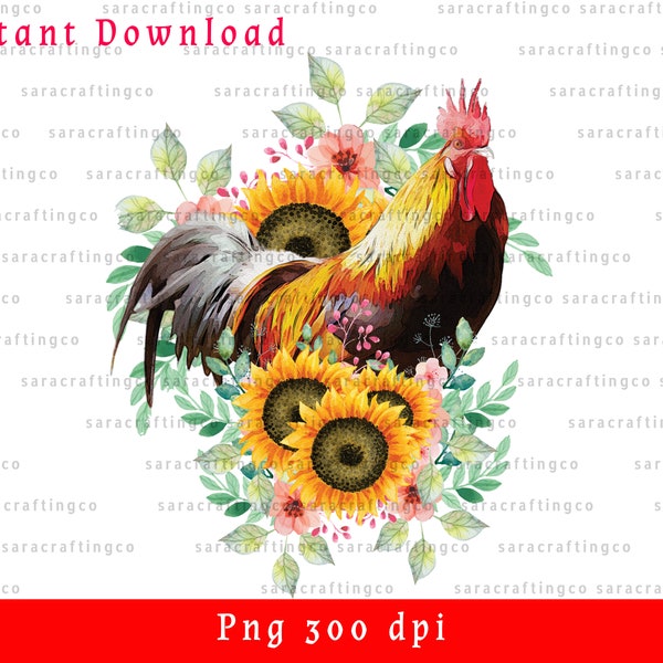 Watercolor Rooster Png with sunflower Sublimation chicken with flower Chicken sublimate rooster floral sublimation Design Digital download