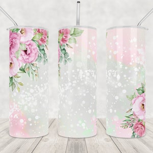 Pastel Watercolor Pink Floral Glitter Tumbler Wrap Png Sublimation Designs Downloads splash flower Skinny Tumbler Templates 20oz Jpg