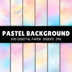 Puede incluir: Un conjunto de papeles digitales con fondos pastel en tonos rosa, azul, amarillo y melocotón. La imagen incluye el texto "PASTEL BACKGROUND 200 DIGITAL PAPER 300DPI JPG".