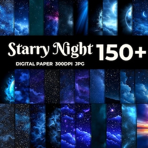 May include: A collection of 150+ digital papers featuring starry night sky backgrounds. The papers are in JPG format and have a resolution of 300 DPI. The images feature various shades of blue, purple, and black, with stars, clouds, and galaxies.