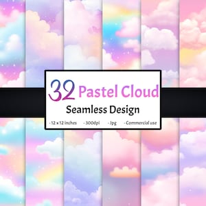 Pastel cloud Bundle Digital paper Seamless colorful cloud sky background 12 inches texture rainbow theme Digital download Commercial use