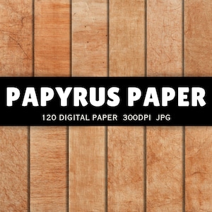 以下が含まれることがあります： さまざまなテクスチャの明るい茶色のパピルス紙のデザインが特徴のデジタルペーパーパック。画像には、黒いバナーに白い文字で「PAPYRUS PAPER」というテキストと、デジタルペーパーの詳細が含まれています。