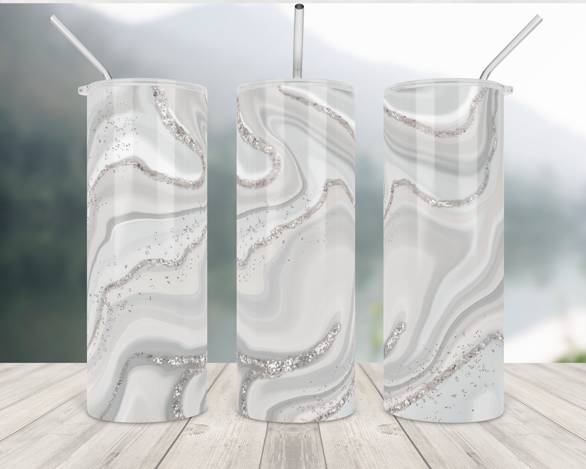 Silver Glitter Tumbler Wrap Marble Sublimation Design Tumbler Etsy