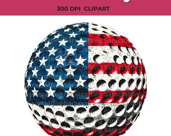 May include: A golf ball with the American flag design. The ball has a distressed look with a white background and red and blue stripes. The stars are white and the stripes are red and blue.