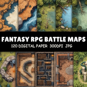 Może przedstawiać: Kolekcja map bitewnych RPG fantasy. Górny rząd zawiera mapy rzek, lasów i terenu. Dolny rząd przedstawia mapy wnętrz lochów i budynków. Tekst brzmi "FANTASY RPG BATTLE MAPS 120 DIGITAL PAPER 300DPI JPG."