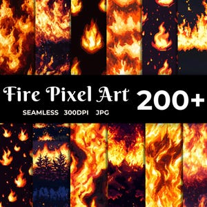 May include: A set of 200+ seamless pixel art fire patterns in a variety of styles, including flames, embers, and smoke. The patterns are perfect for use in game design, website backgrounds, or any other creative project.