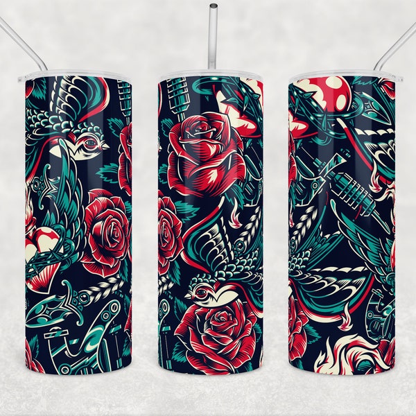 Vintage Seamless Tattoo Tumbler wrap png Red Rose sublimation 20oz skinny tumbler gun colorful pattern digital download commercial use